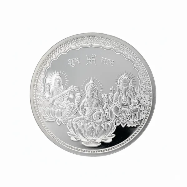 999 Silver Coin Engraved Silver Lakshmi Ganesh Saraswati Pendant 10gms